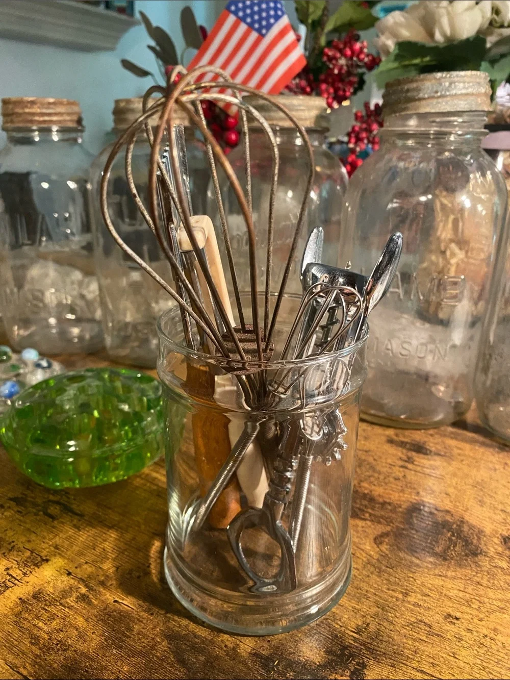 Vintage Kitchen Utensil Set in Silver with Clear Glass Holder